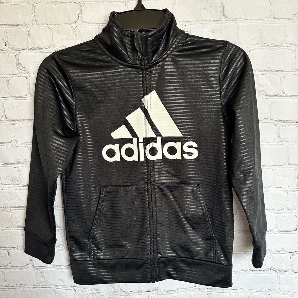 Adidas Kids Boy Girl Size 6 Black Tricot Track Jacket Full Zip Fleece Lined